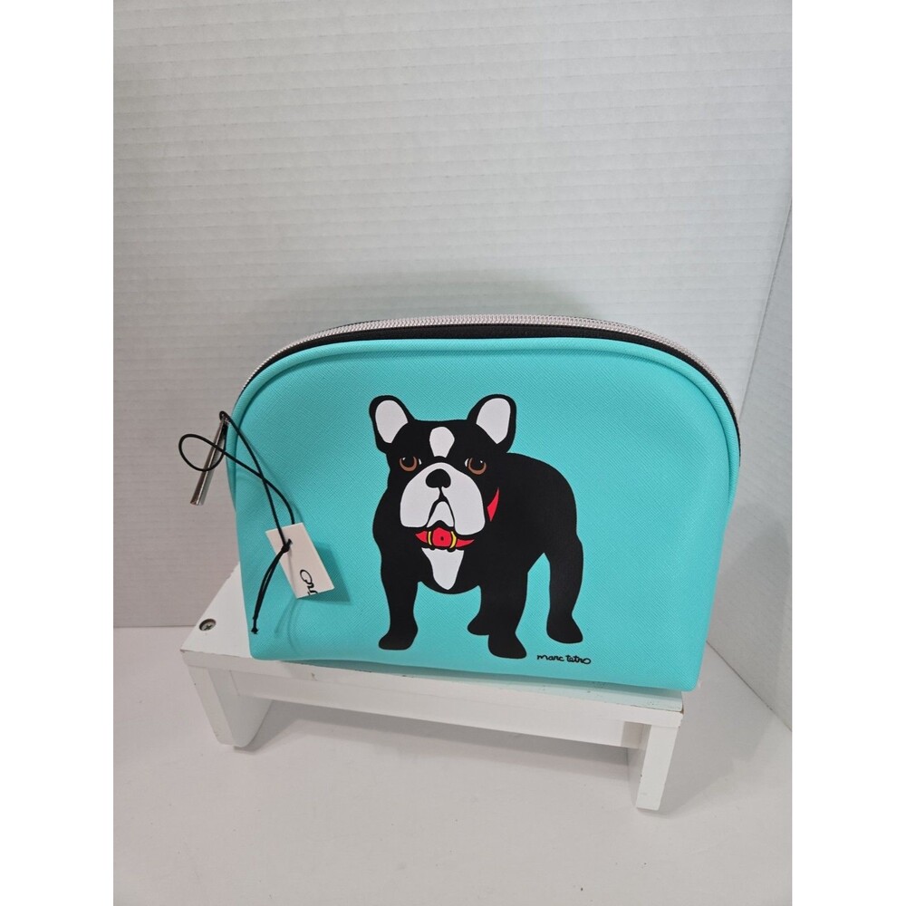Marc Tetro French Bulldog Cosmetic Case Zipper Bag Aqua Color New With Tags